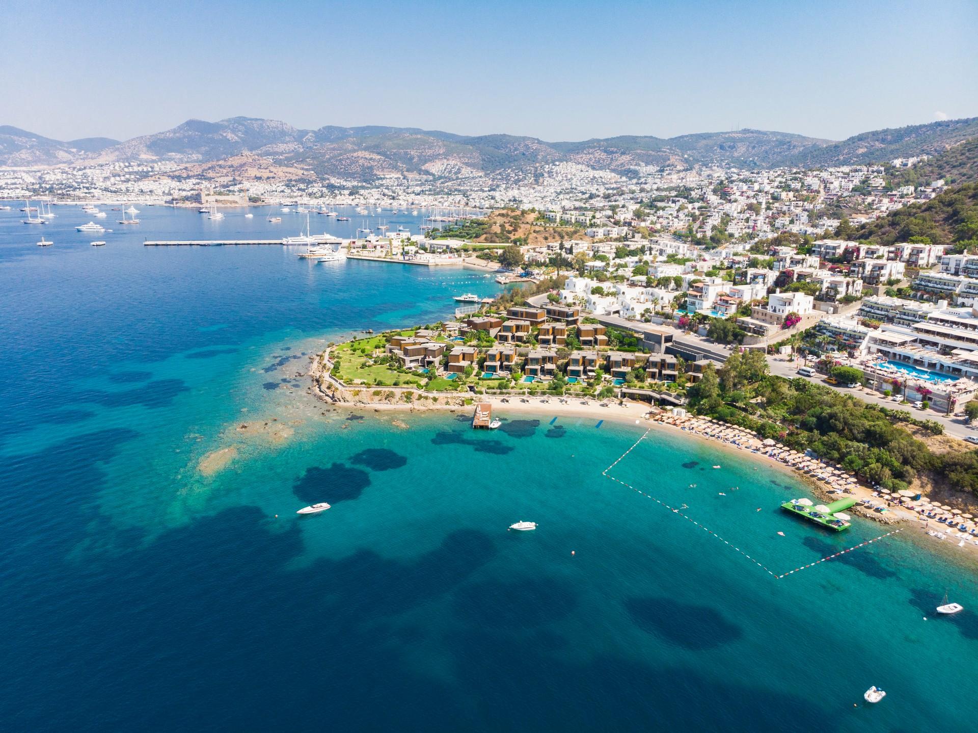 Aerial view of beach in Bodrum with nice weather and blue sky