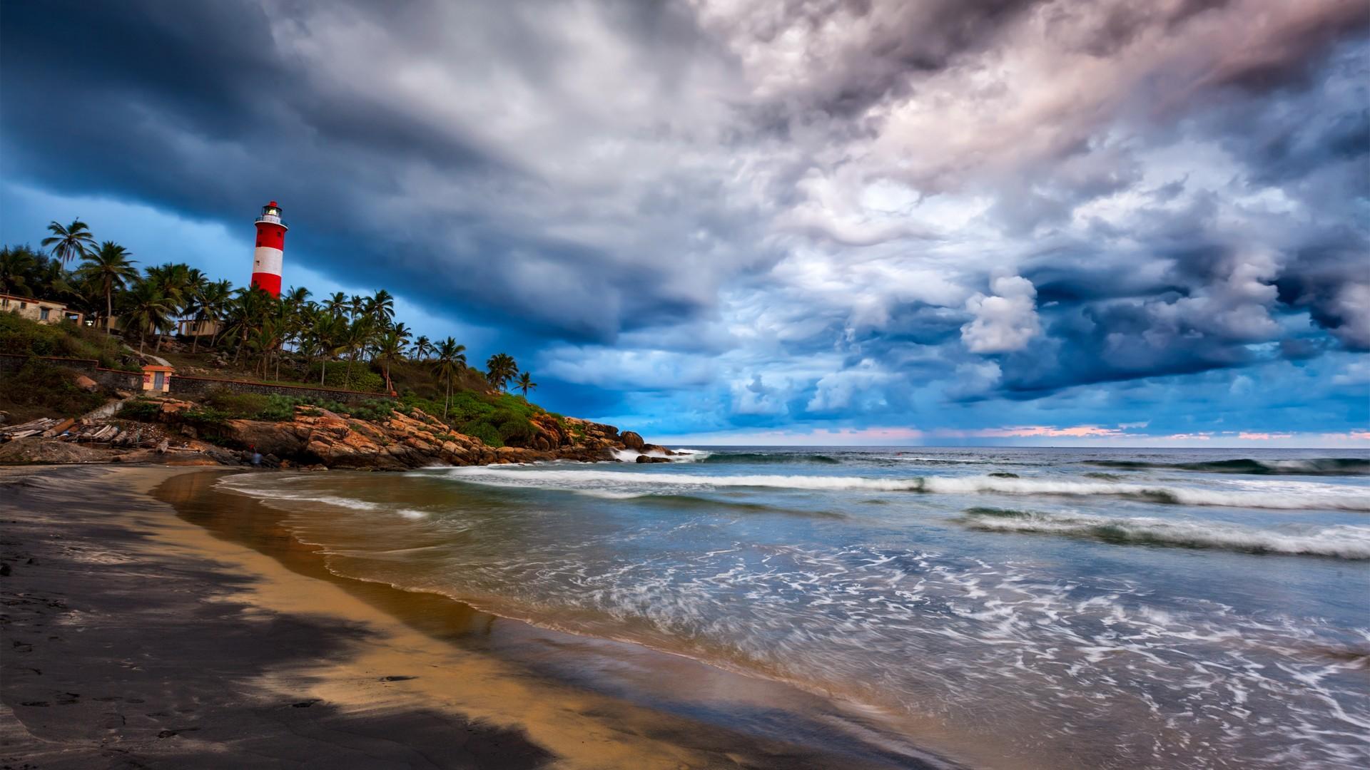 Beach and architecture near Kovalam on a cloudy day