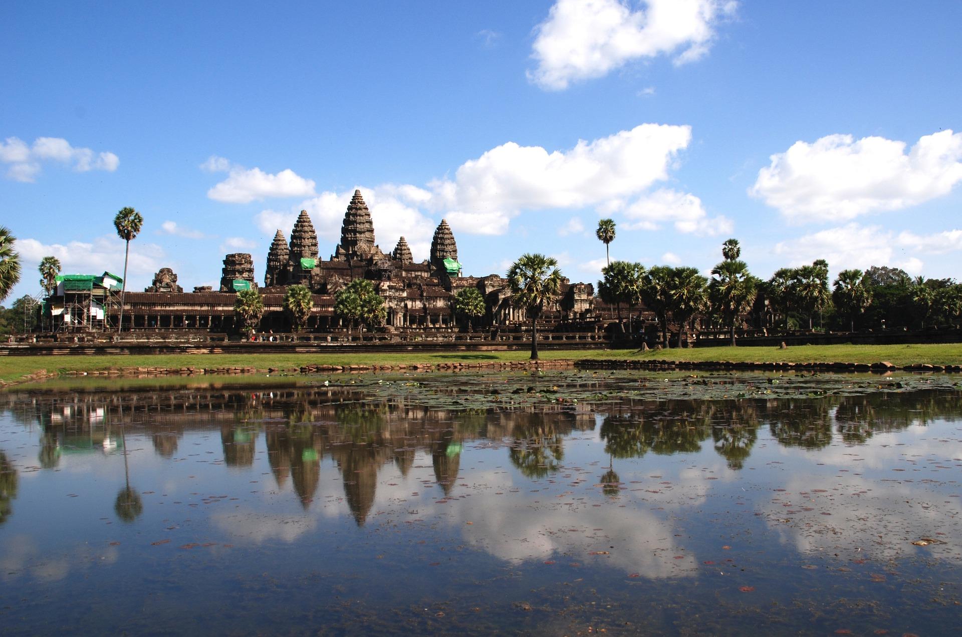 Angkor Wat in Cambodia with water.