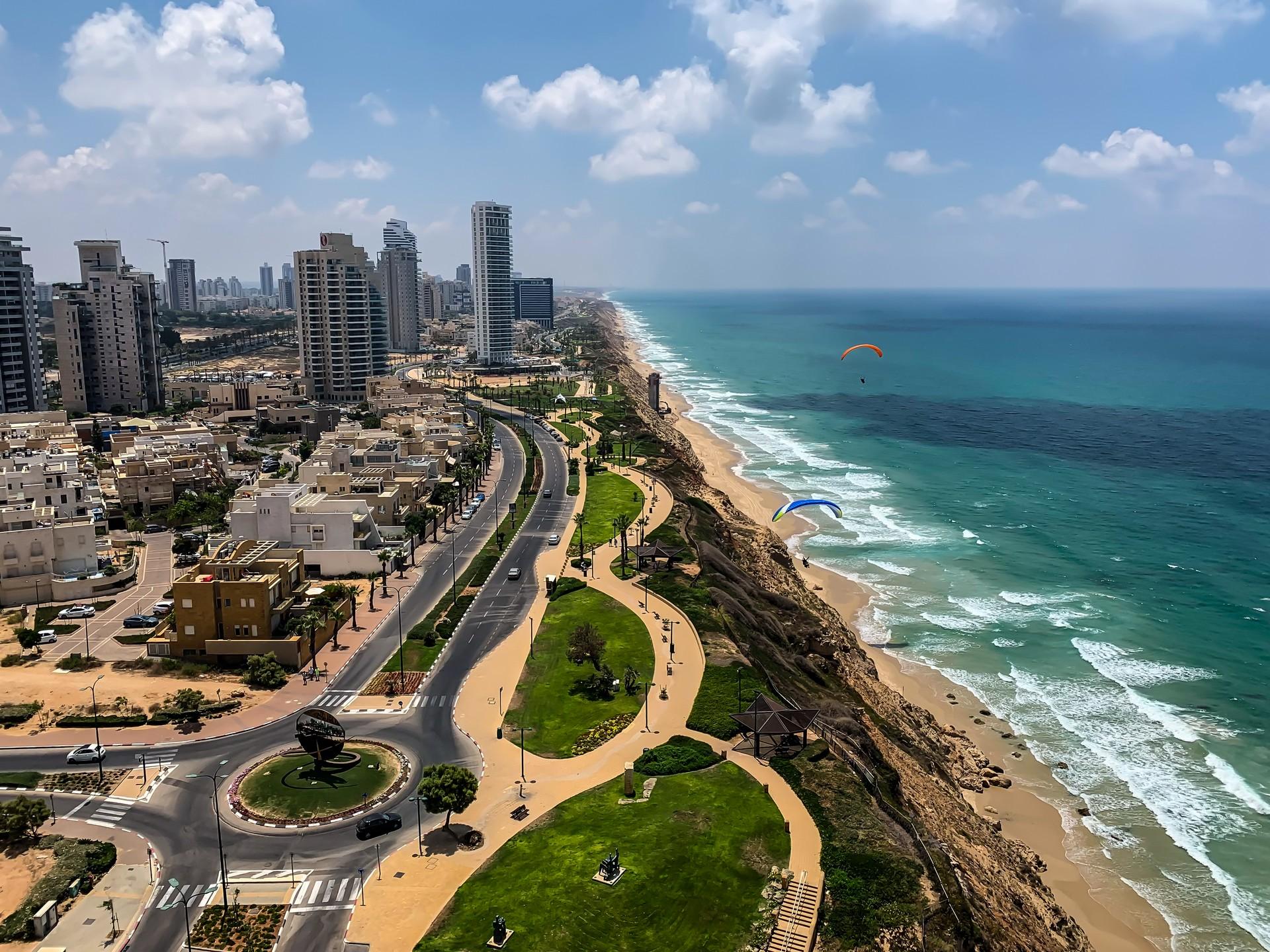 Aerial view of bridge in Netanya in partly cloudy weather