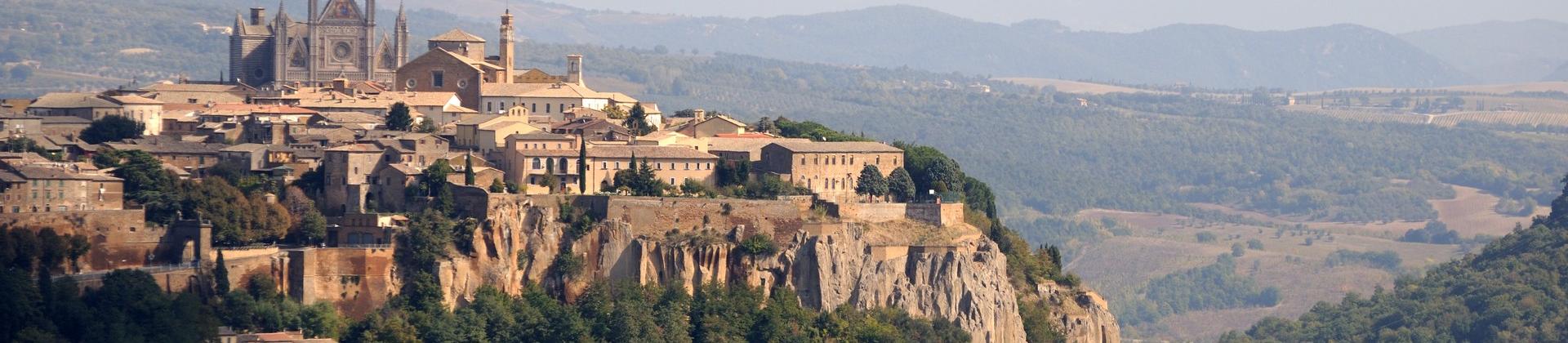 Aerial view of countryside in Orvieto with cloudy sky