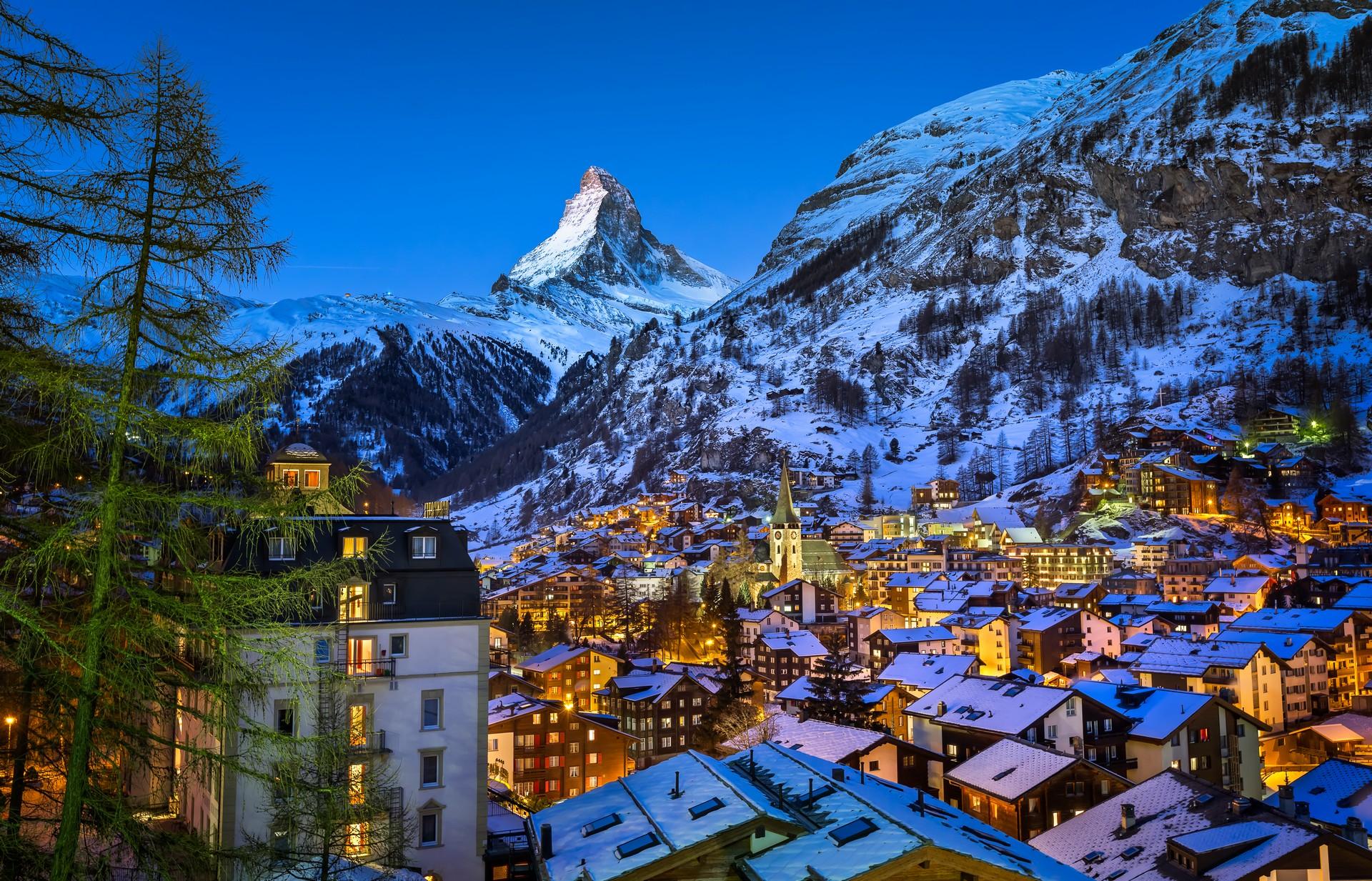 Aerial view of mountain range in Zermatt in the night