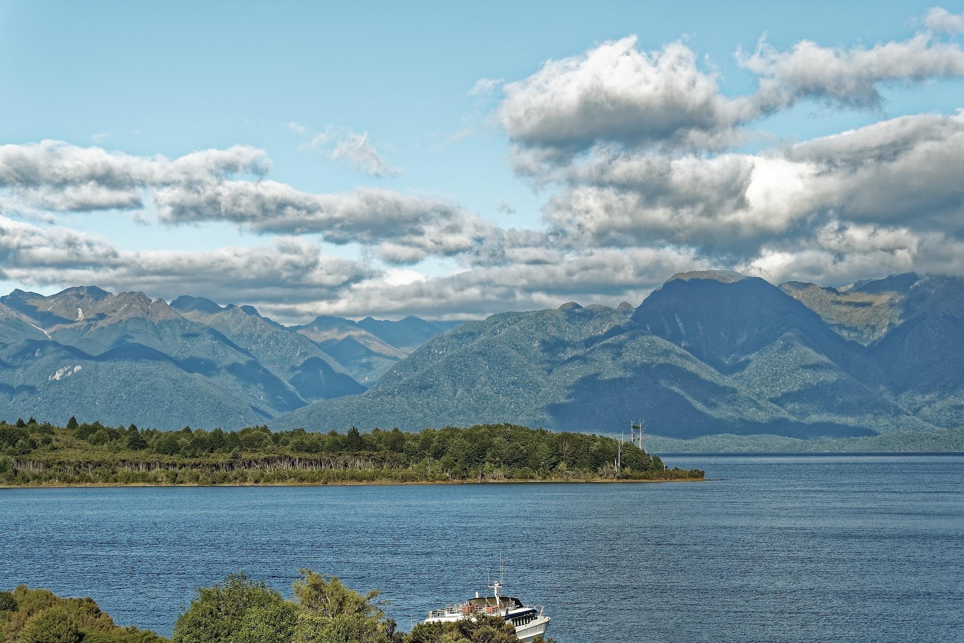 New Zealand: Lake Te Anau with mountains in the background.