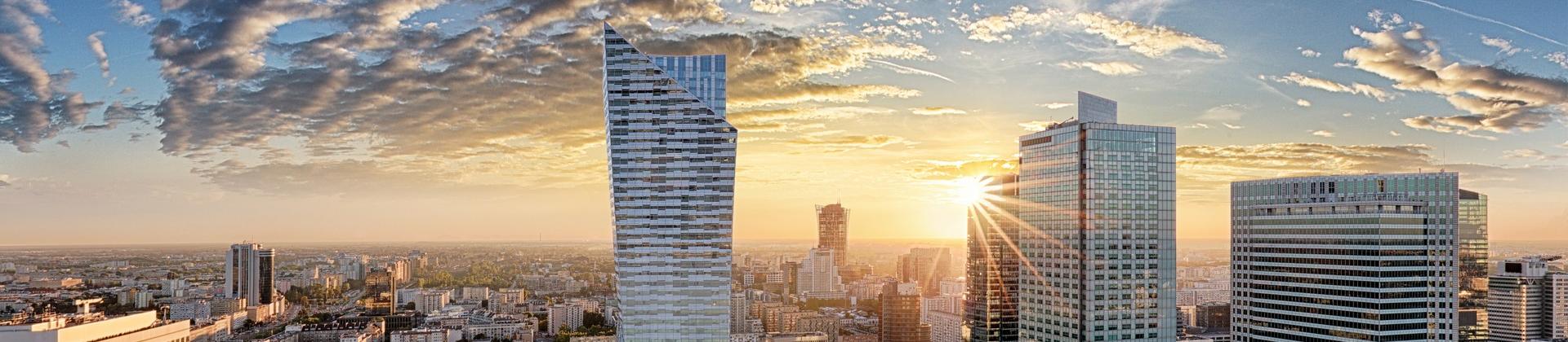 Aerial view of architecture in Warsaw at sunset time