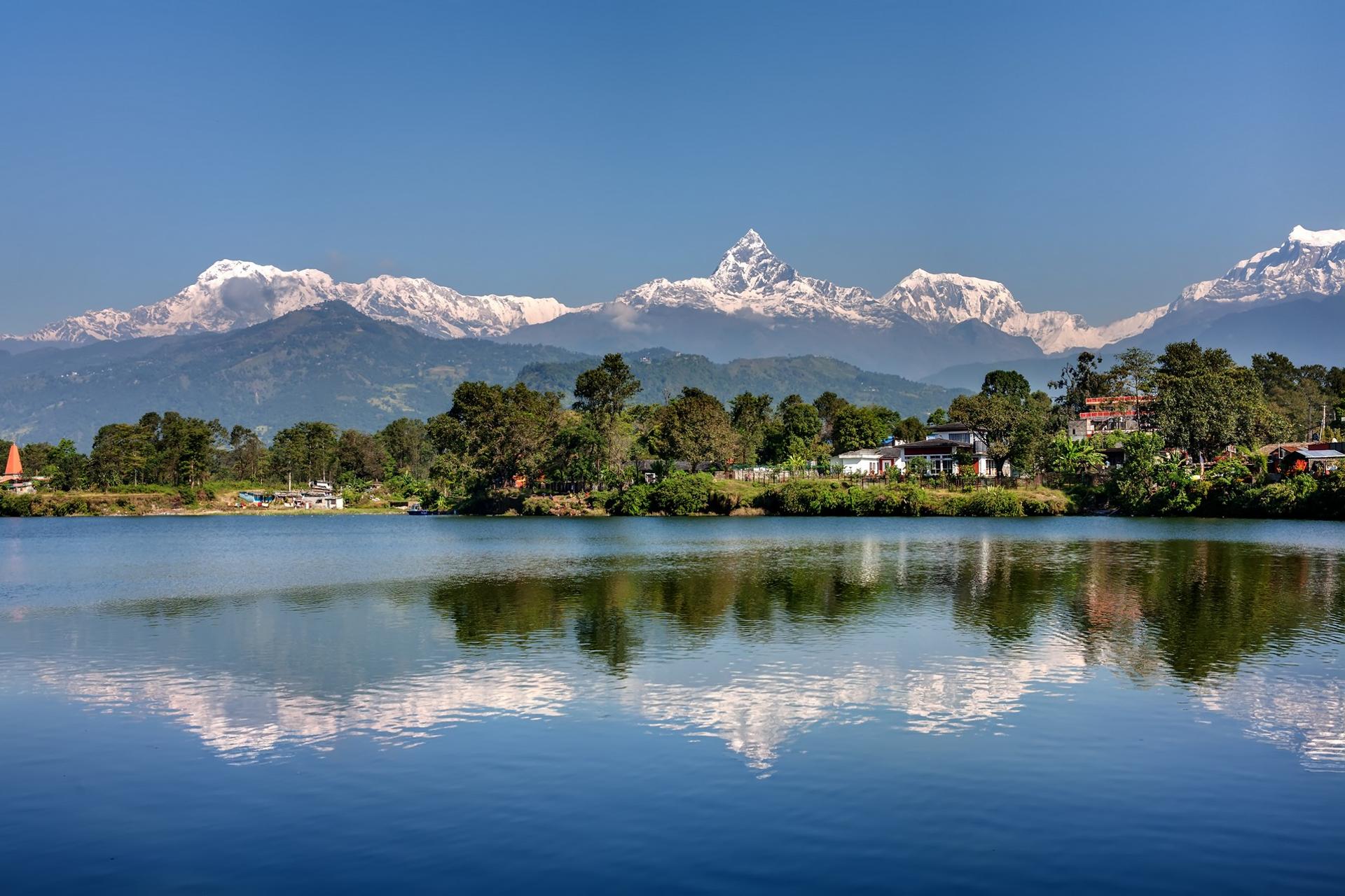 Mountain range near Pokhara with nice weather and blue sky