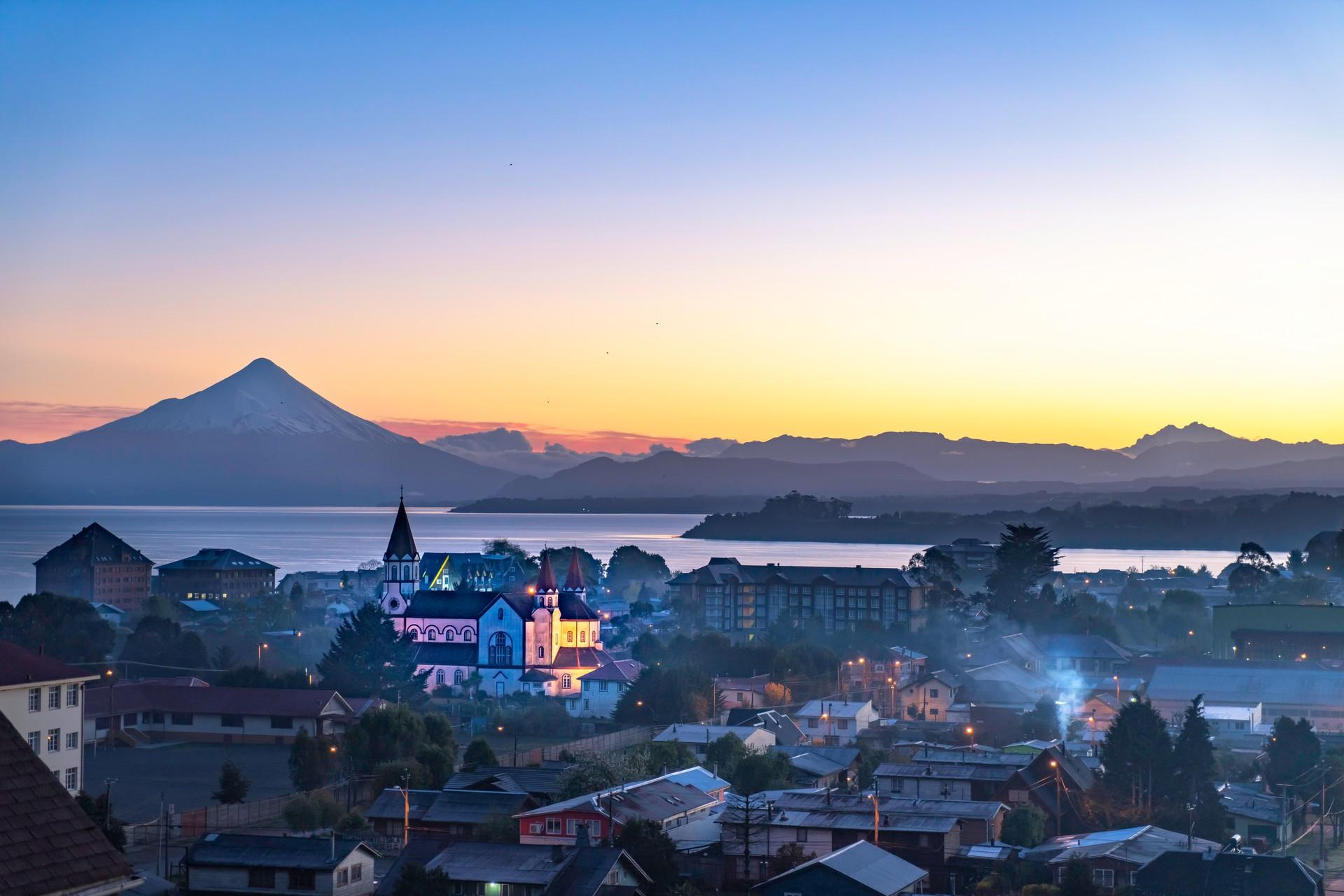 Aerial view of mountain range in Puerto Varas at sunset time