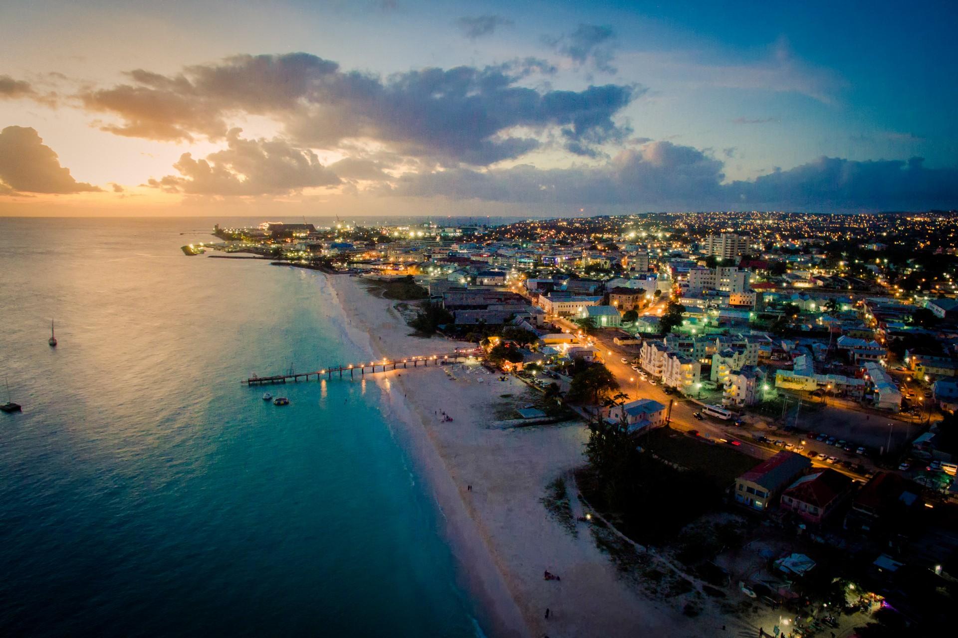 Aerial view of beach in Barbados at sunset time