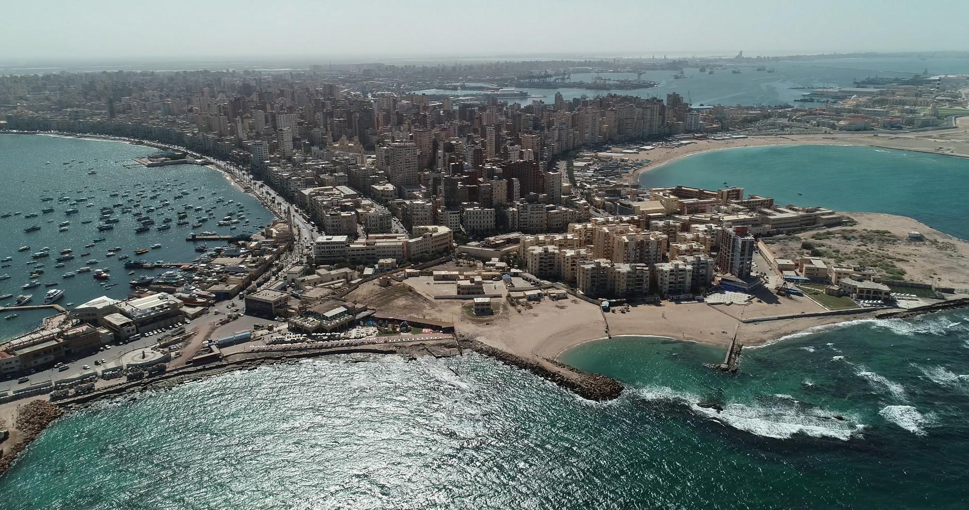 Aerial view of architecture in Alexandria with cloudy sky