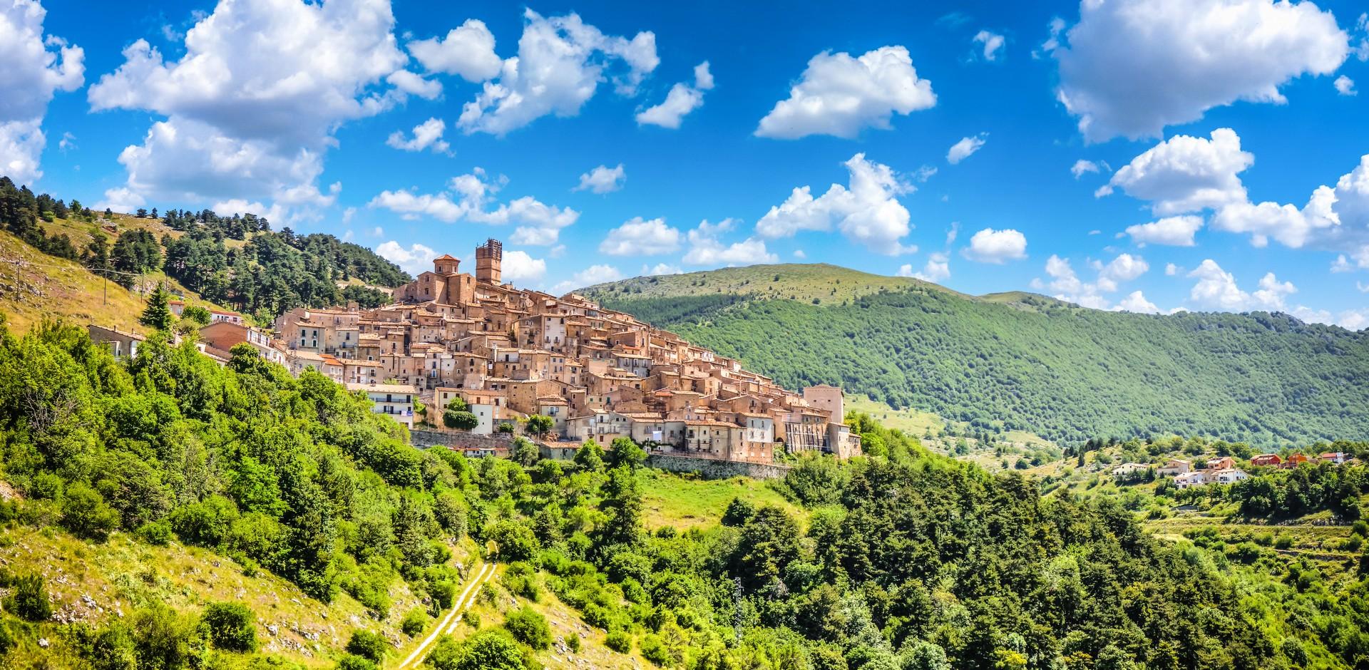 Aerial view of countryside in L'Aquila in partly cloudy weather