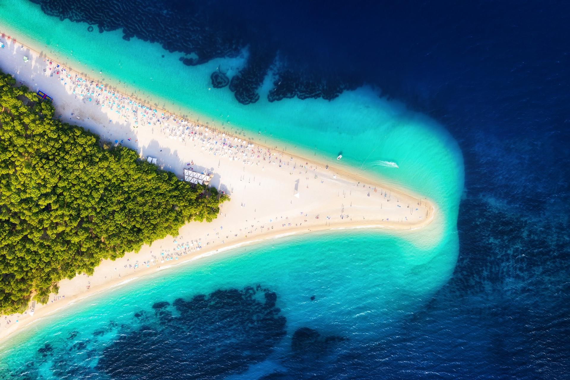 Aerial view of beach with turquise sea in Brač