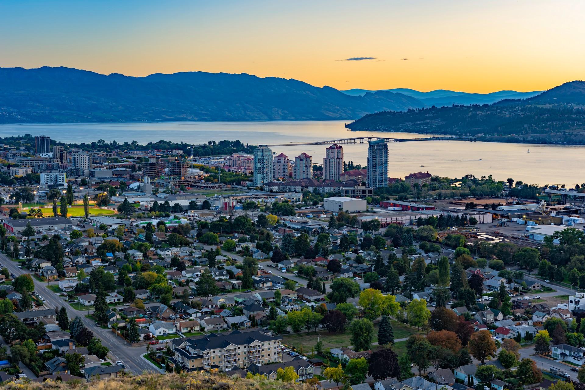 Aerial view of mountain range in Kelowna at sunset time