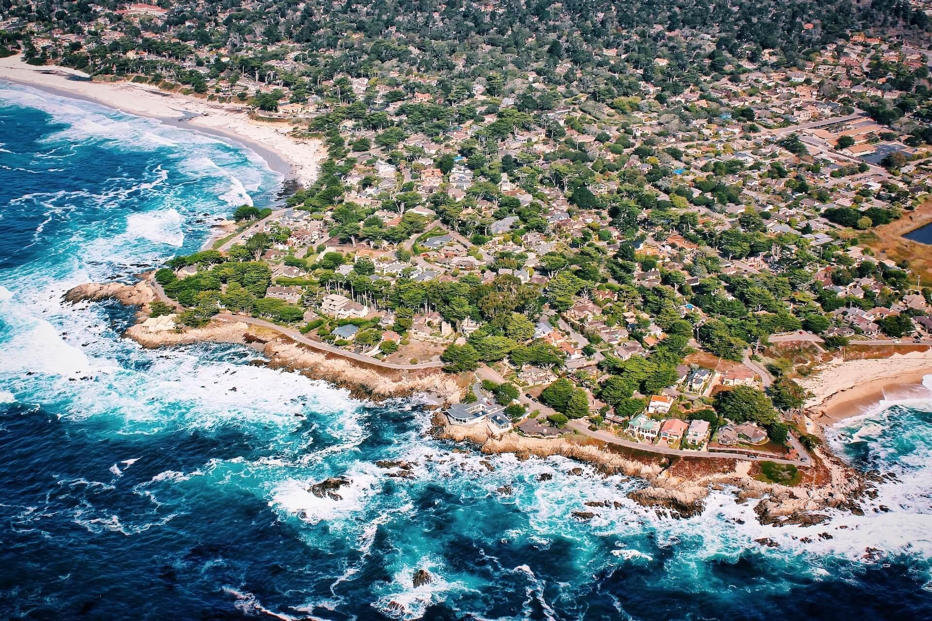 Aerial view of coast of Carmel-by-the-Sea and the sea