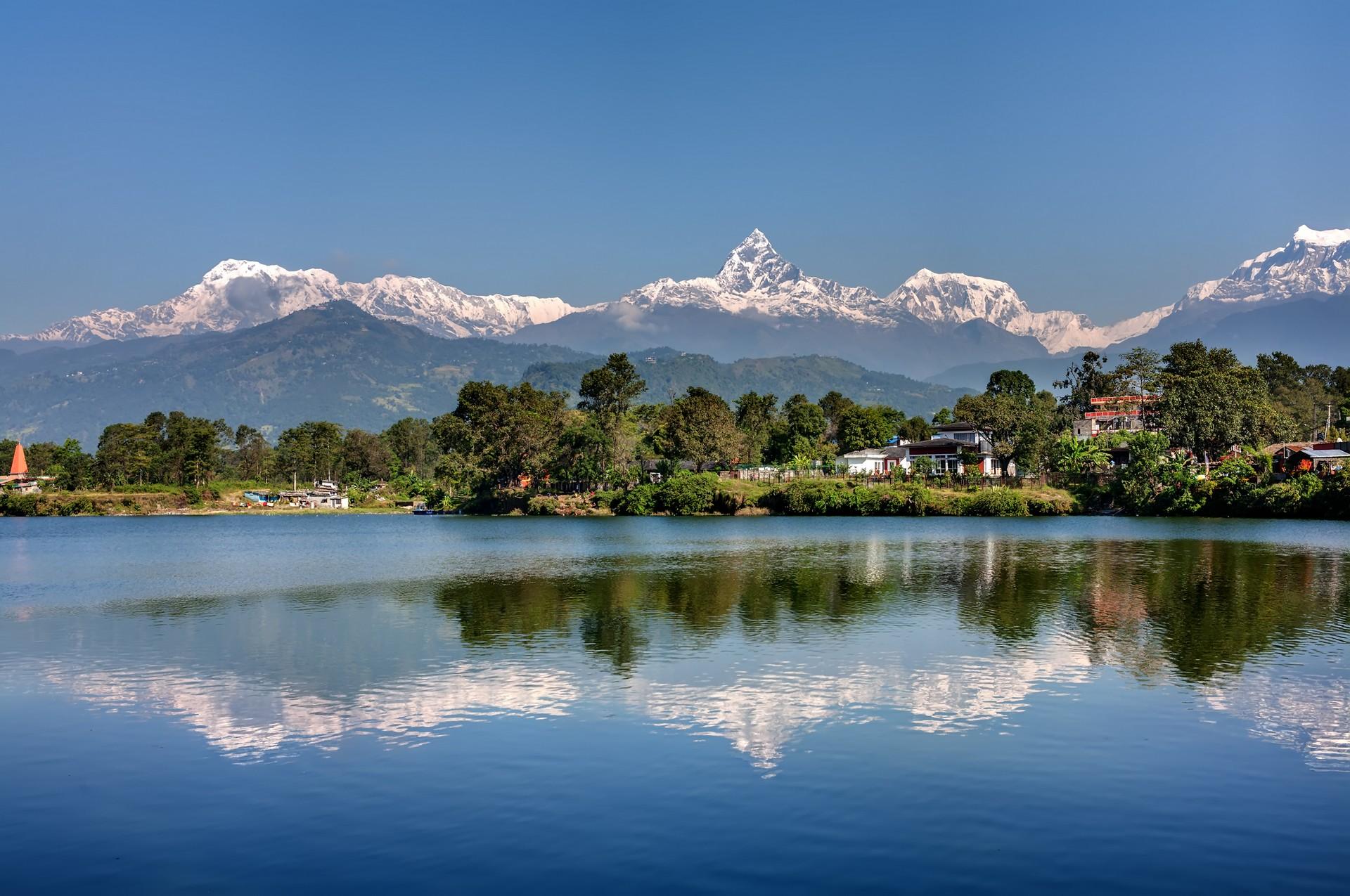 Mountain range near Pokhara with nice weather and blue sky