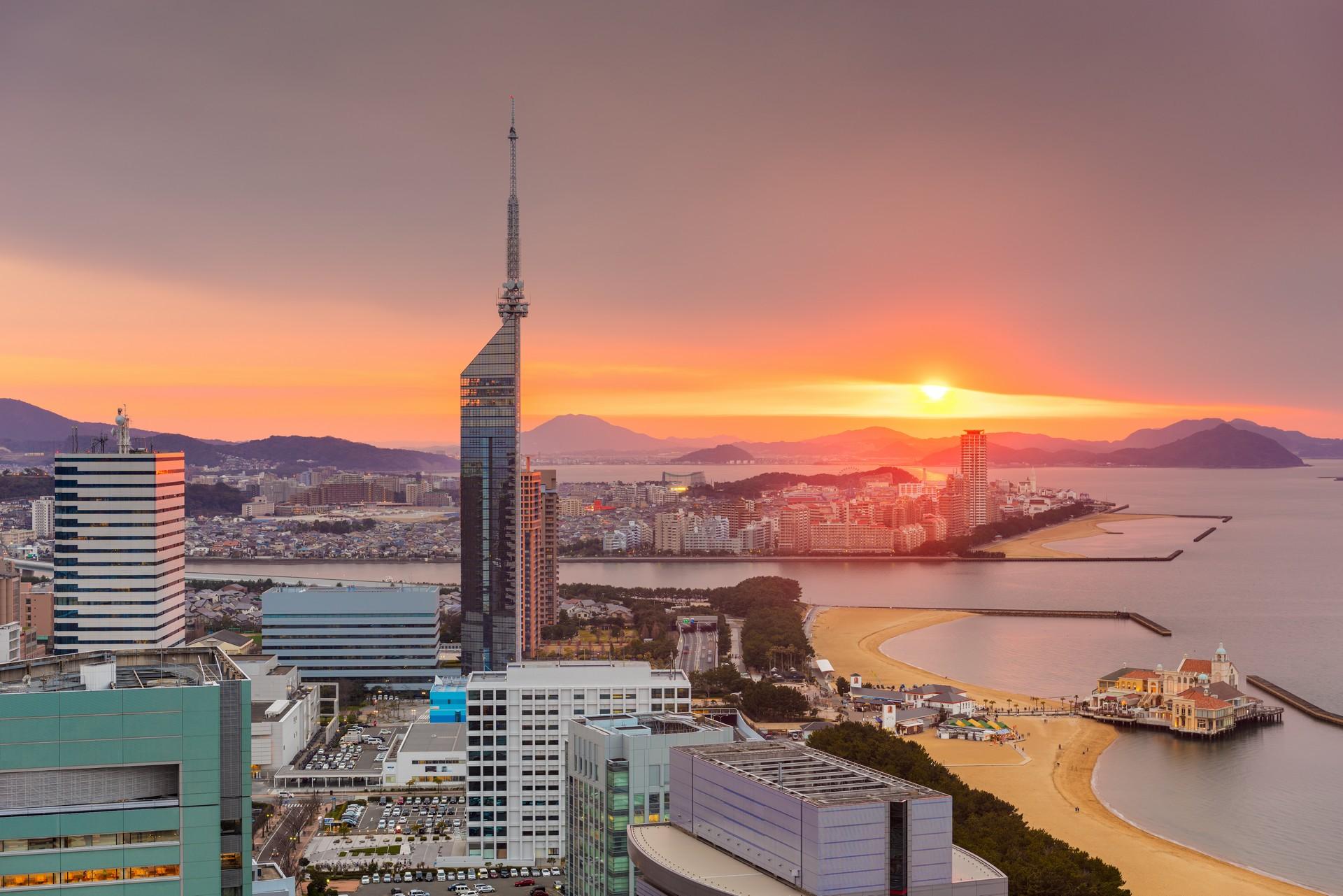 Aerial view of architecture in Fukuoka at sunset time