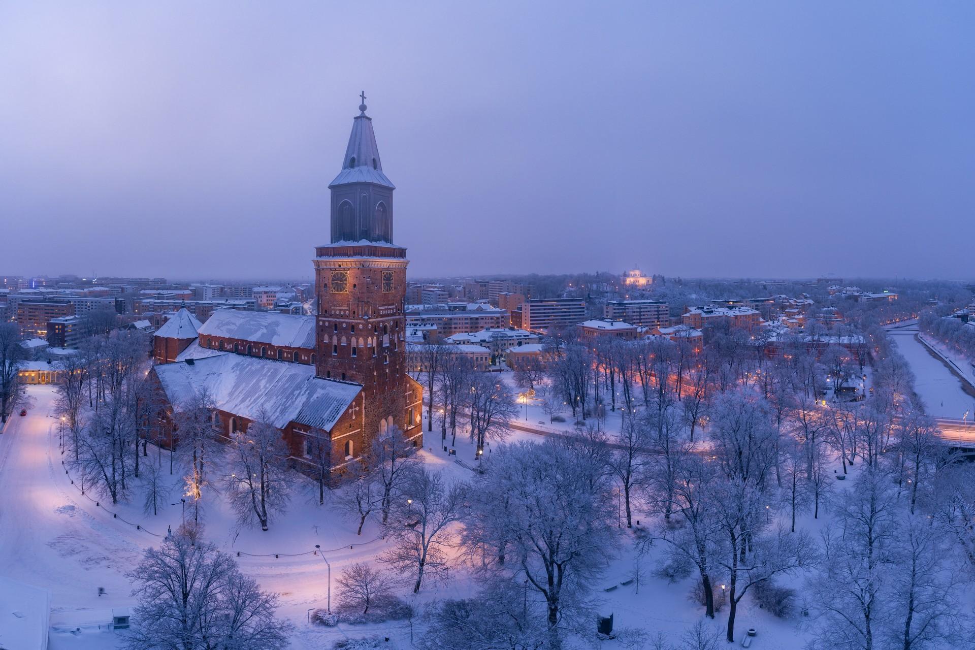 Aerial view of architecture in Turku at dawn