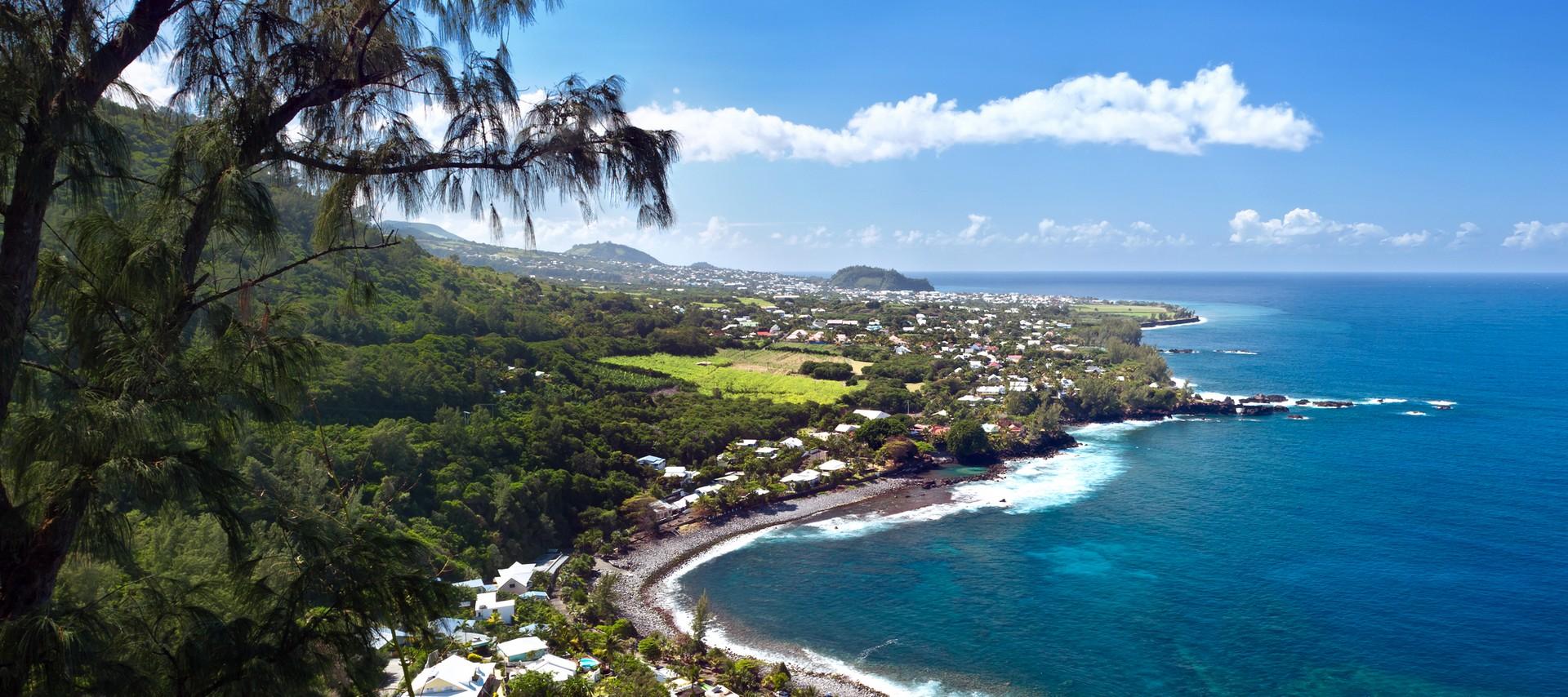 Aerial view of beach in Reunion in partly cloudy weather