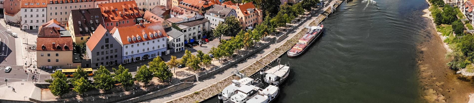 Aerial view of architecture in Regensburg on a sunny day with some clouds