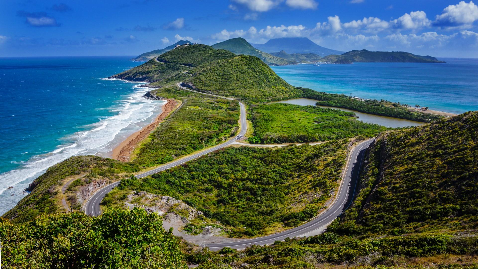 Aerial view of beach in Nevis in partly cloudy weather