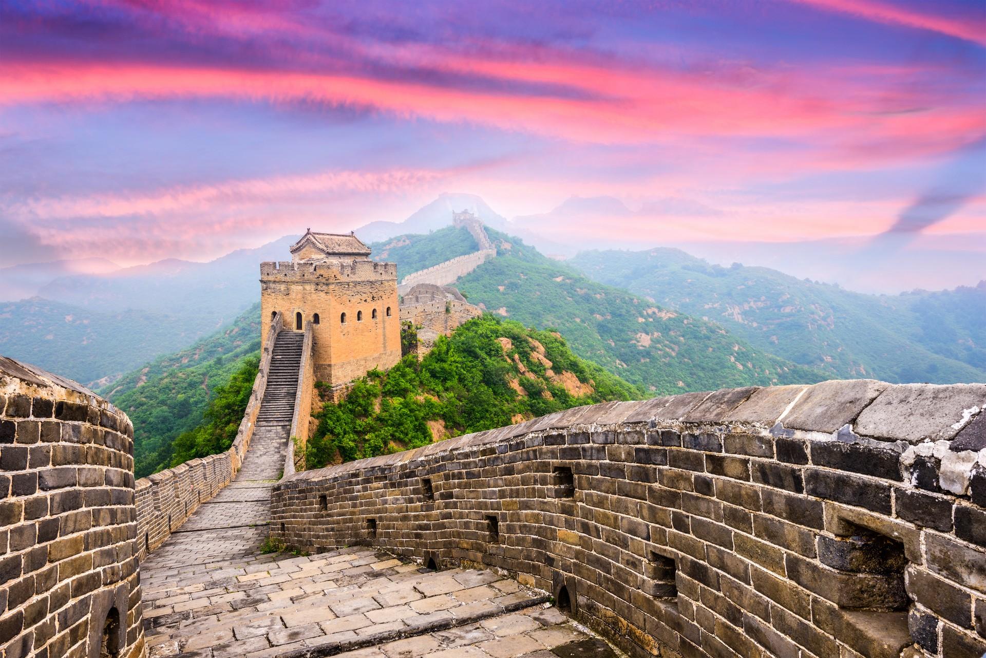 Aerial view of mountain range near Beijing at sunset time