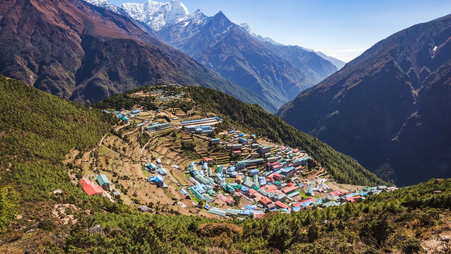 Aerial view of mountain range in Namche Bazar on a clear sky day