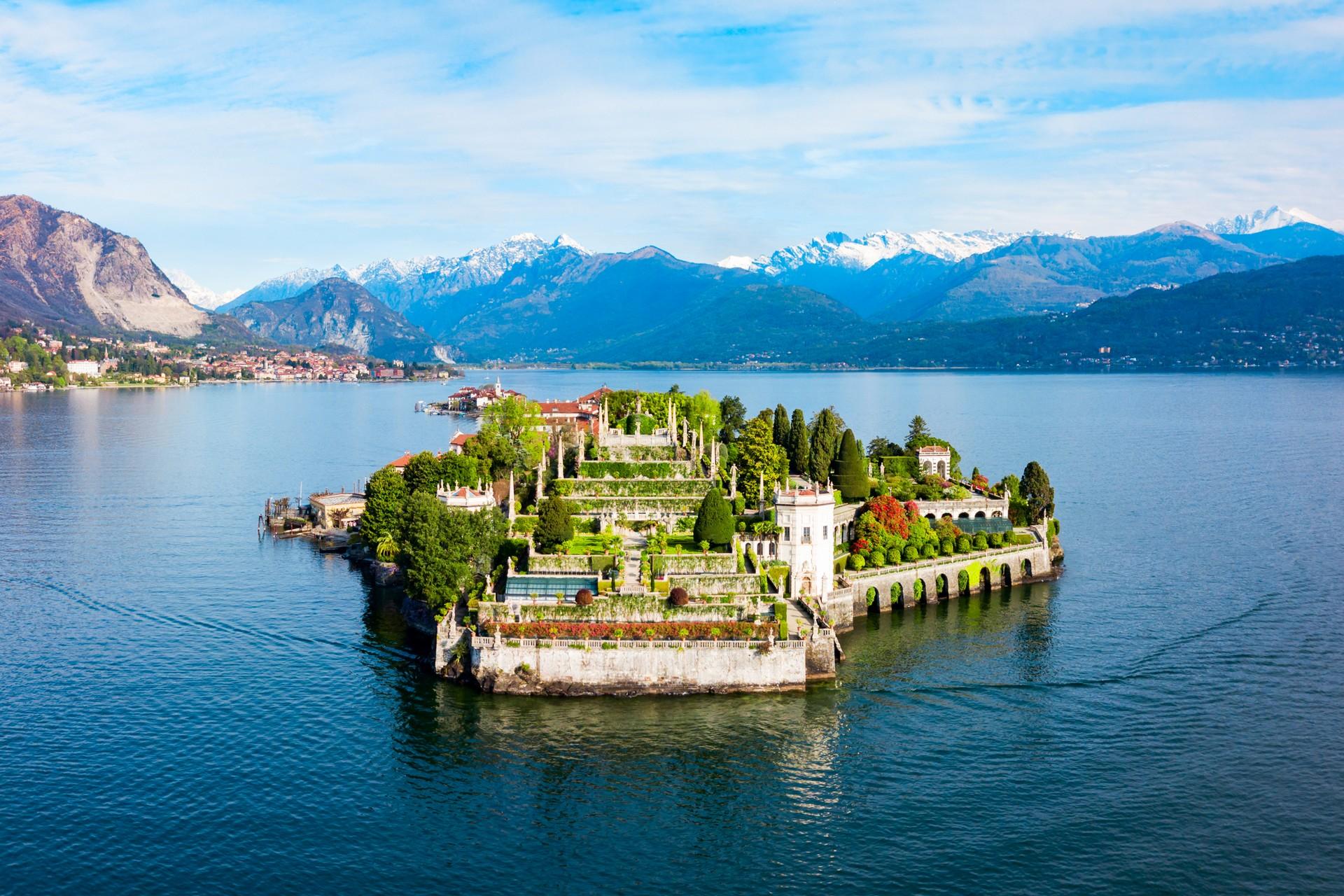 Aerial view of beach in Lago Maggiore on a day with cloudy weather