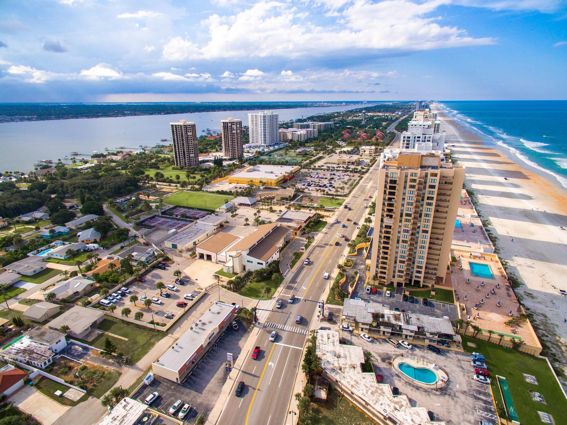 Aerial view of architecture in Daytona Beach with cloudy sky