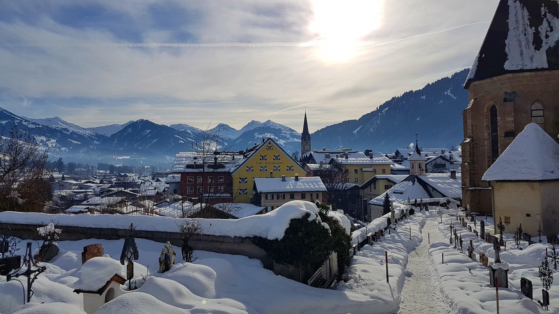 Aerial view of architecture in Kitzbühel on a day with cloudy weather