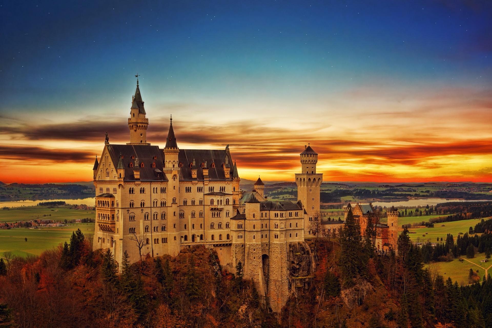 Neuschwanstein Castle, Germany at sunset.