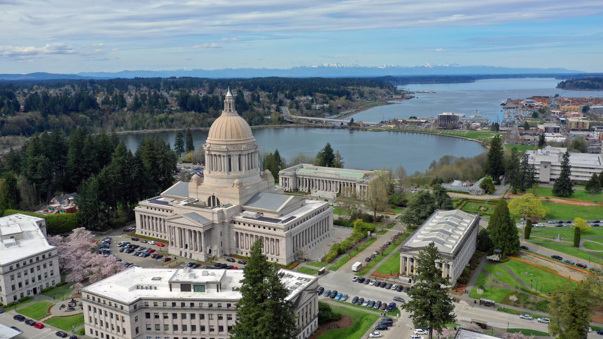 Aerial view of architecture in Olympia on a sunny day with some clouds