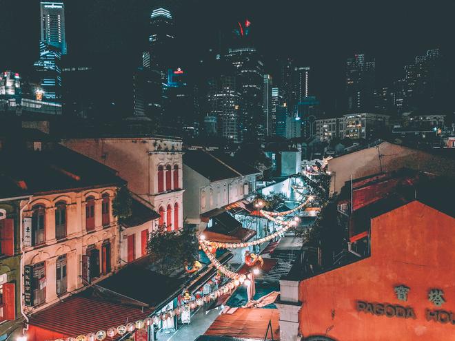 View of Chinatown in Singapore from above in the dark.