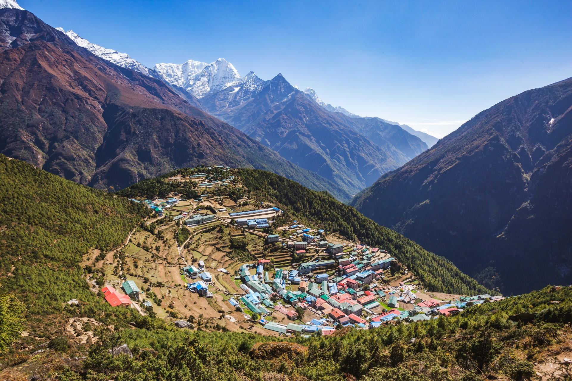 Aerial view of mountain range in Namche Bazar on a clear sky day