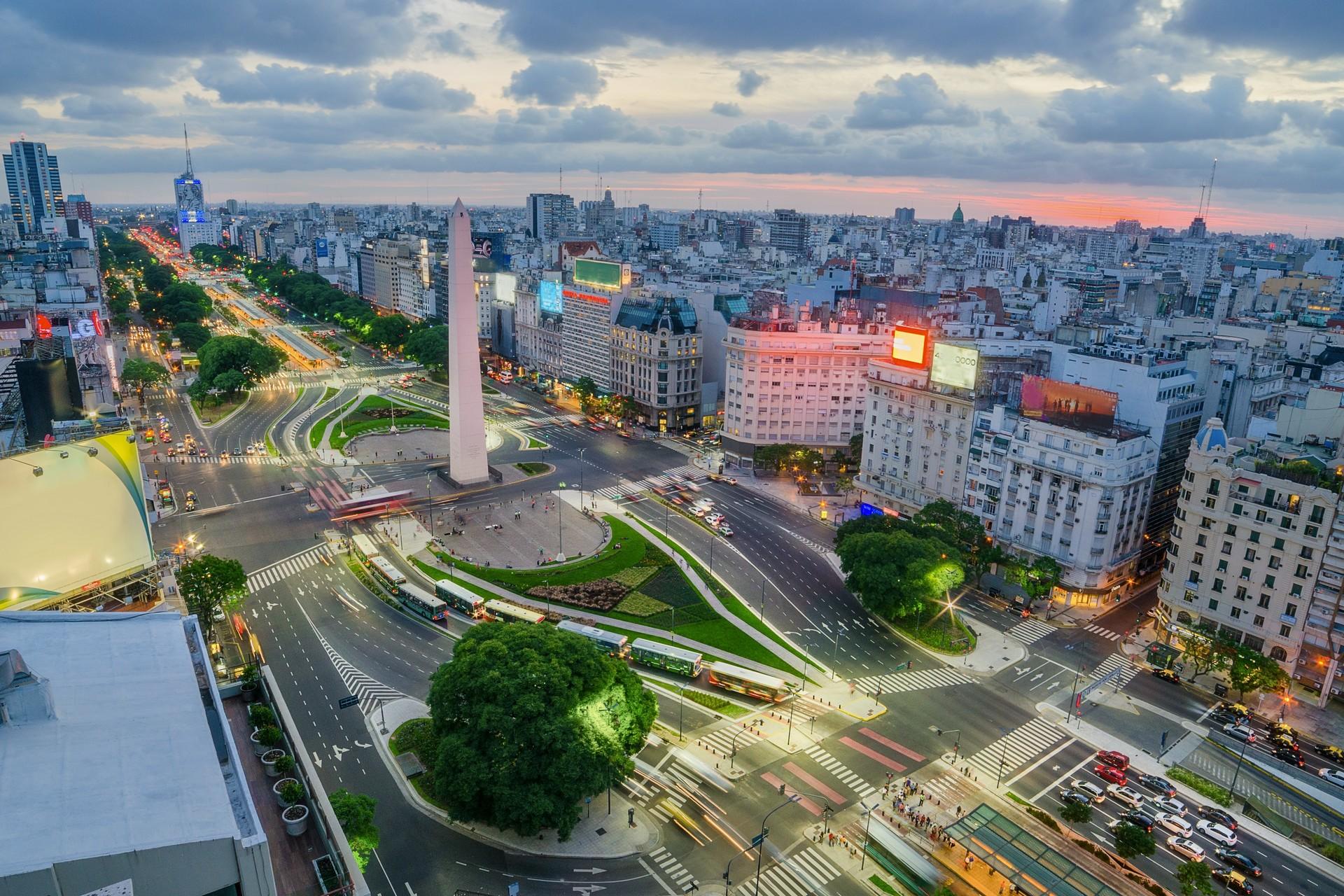 Aerial view of city square in Buenos Aires at sunset time