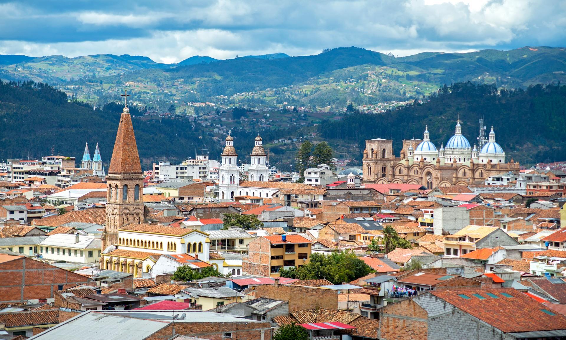 Aerial view of architecture in Cuenca with cloudy sky