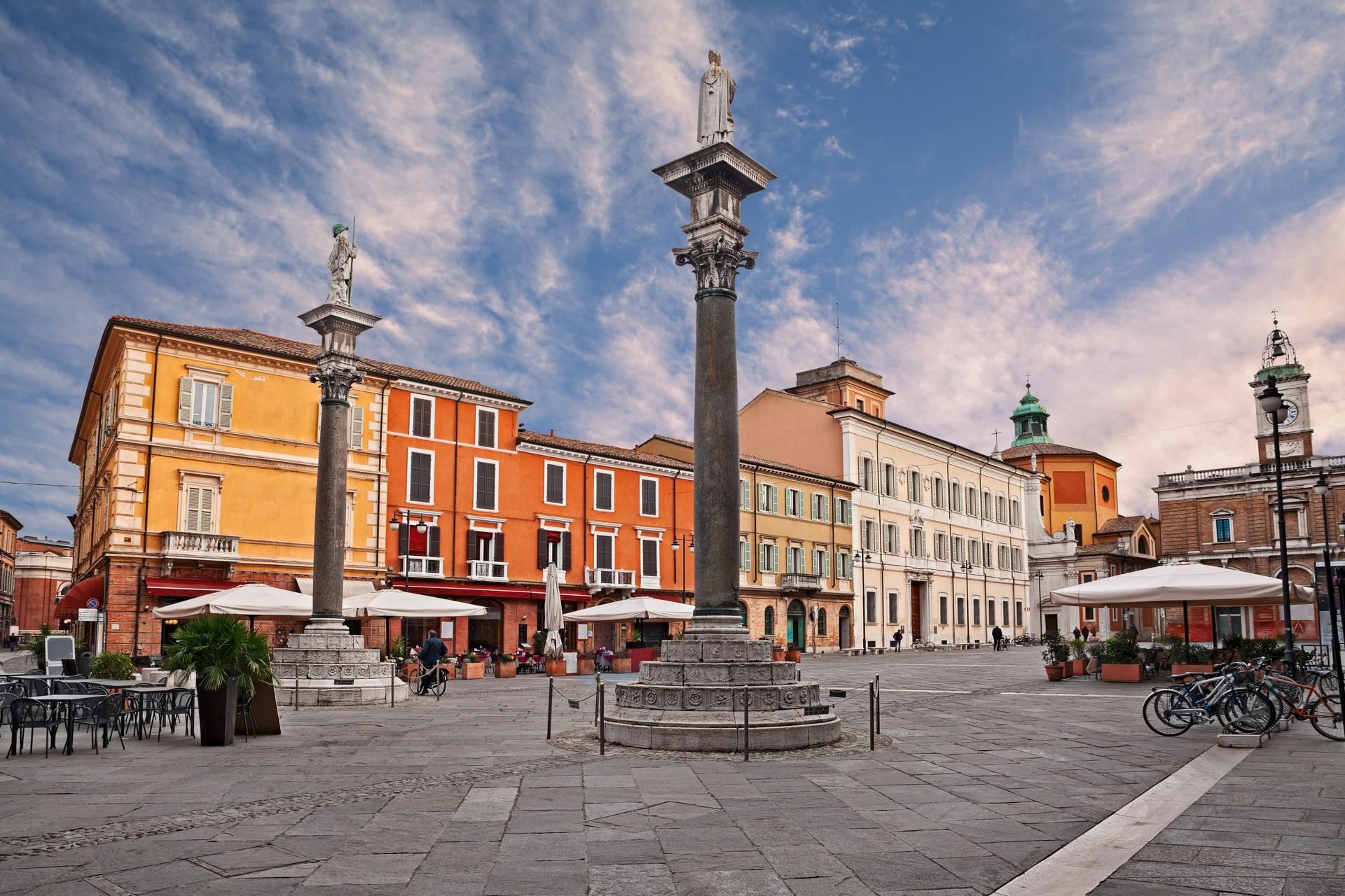 City square in Ravenna in partly cloudy weather