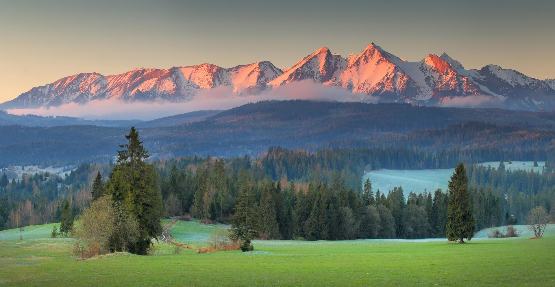 Mountain range near Zakopane at sunset time