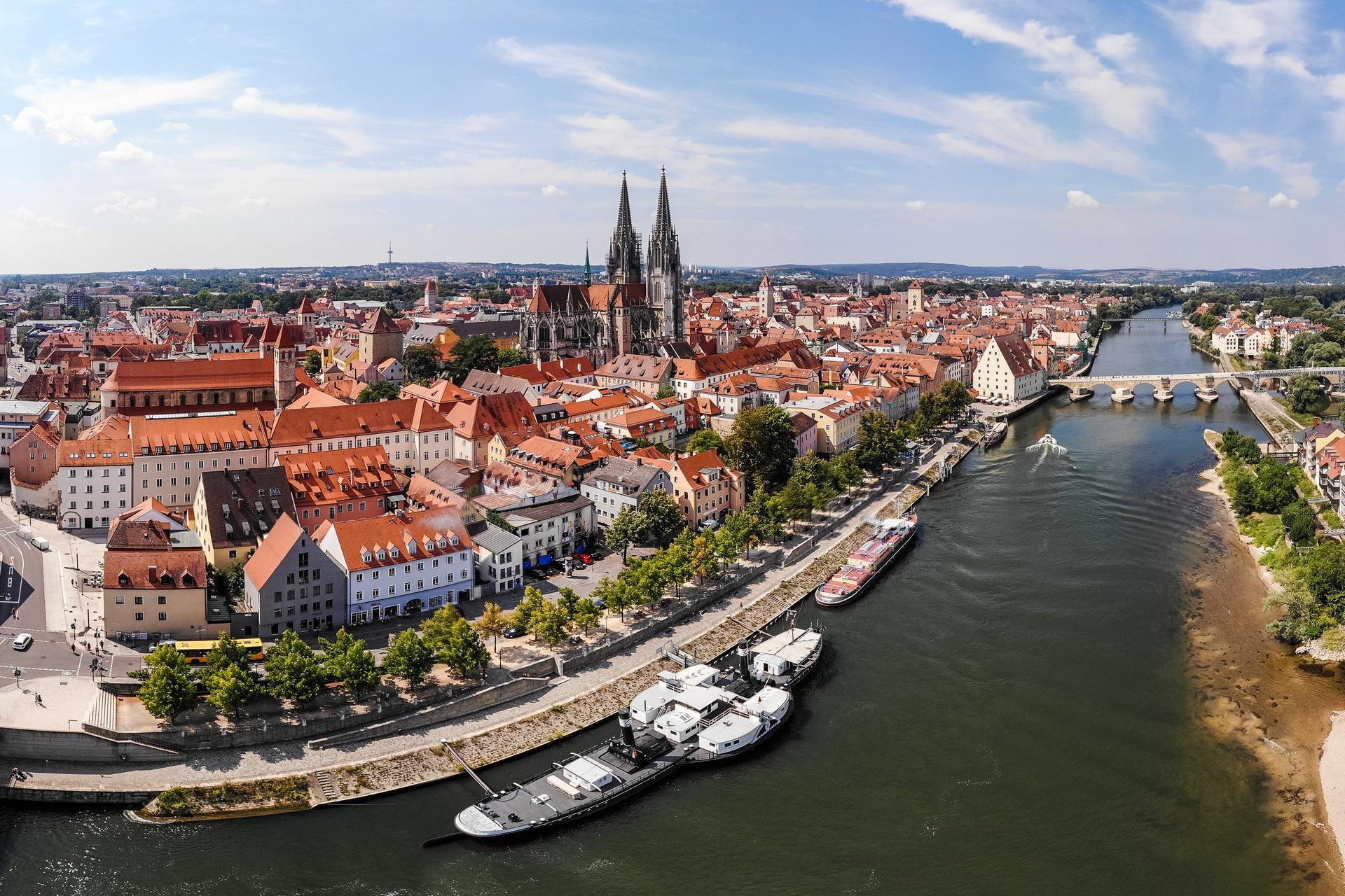 Aerial view of architecture in Regensburg on a sunny day with some clouds