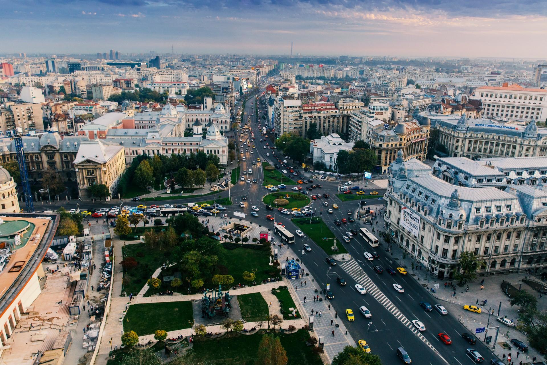 Aerial view of architecture in Bucharest with cloudy sky