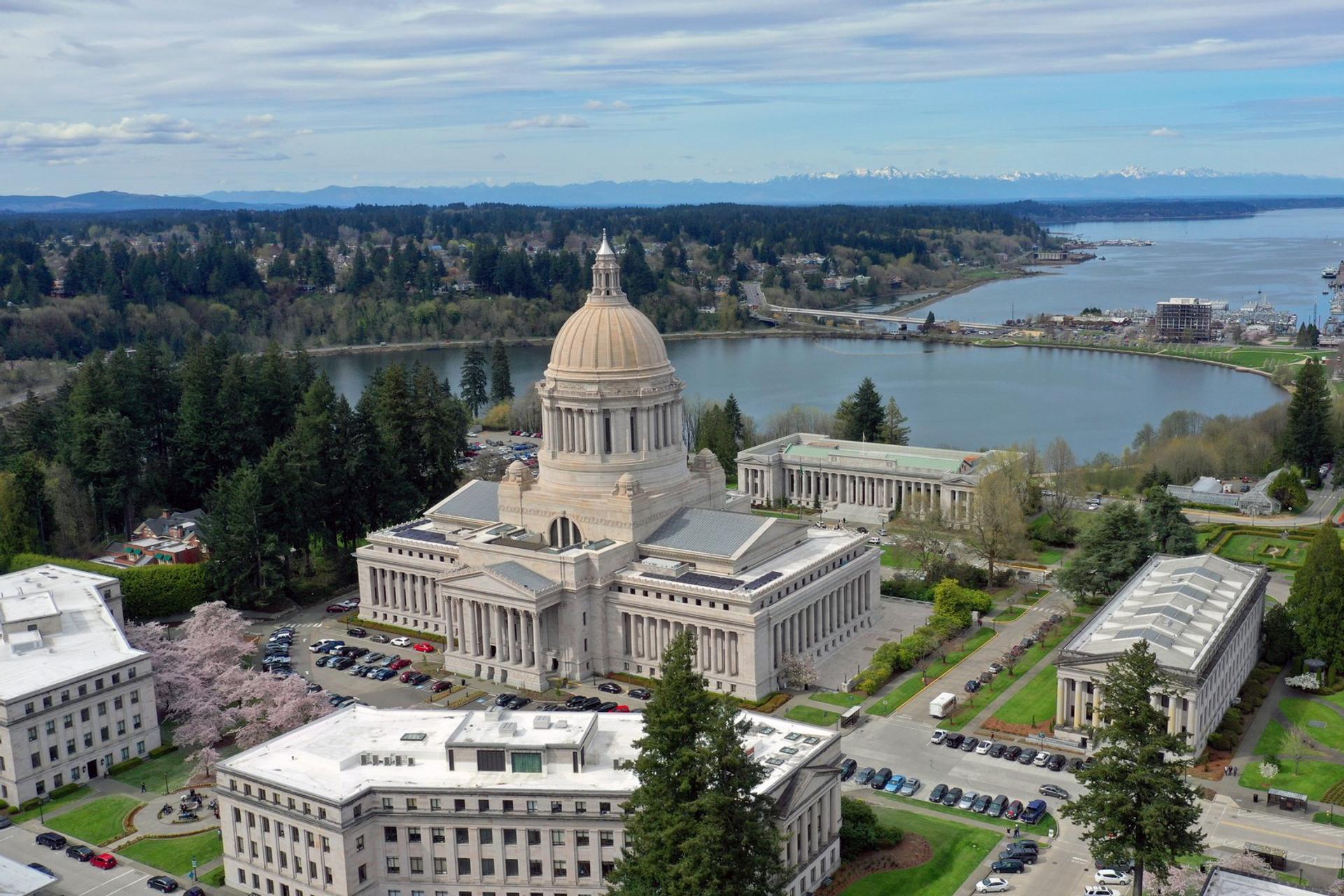 Aerial view of architecture in Olympia on a sunny day with some clouds