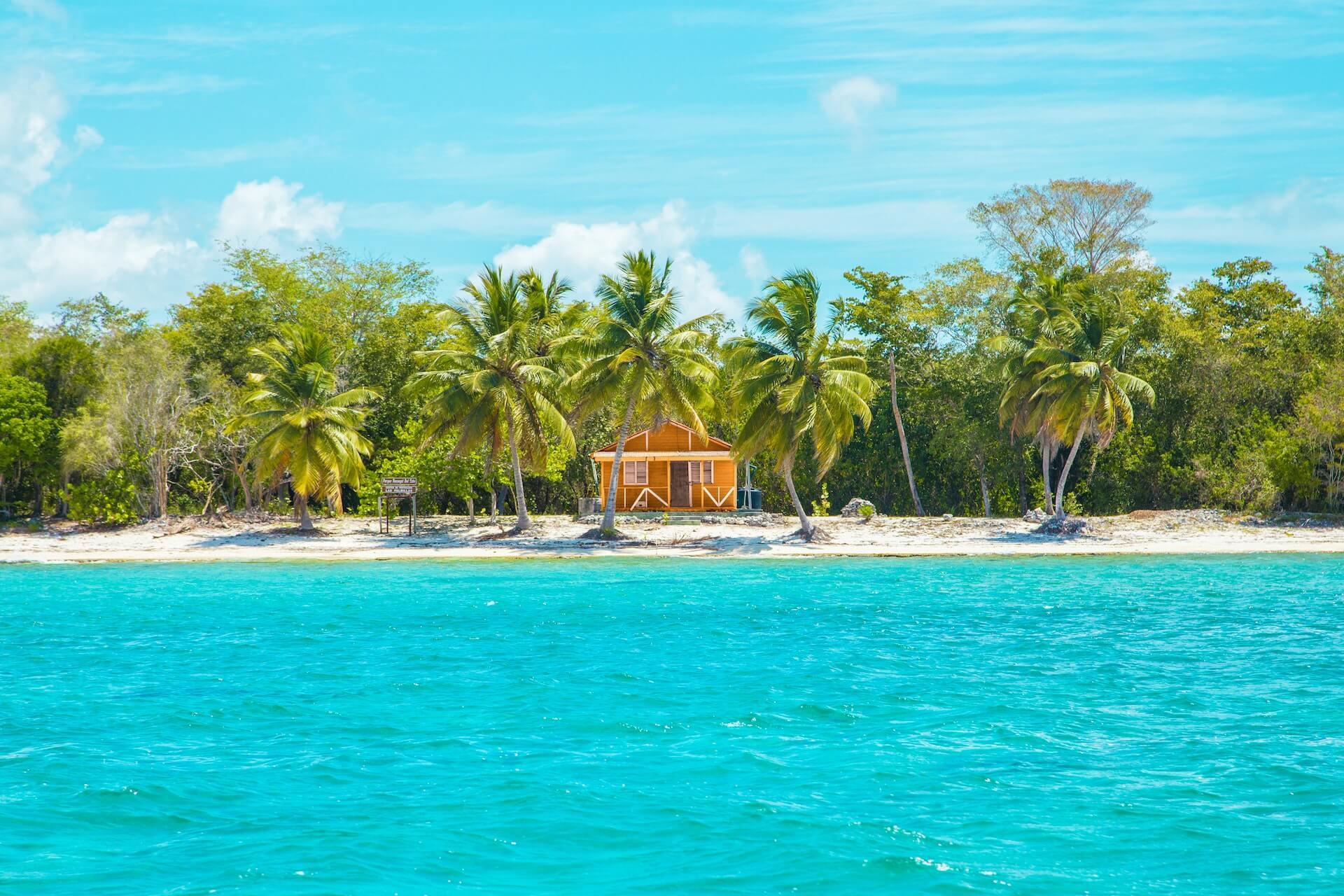 View of the palms, house, and sea in the Dominican Republic