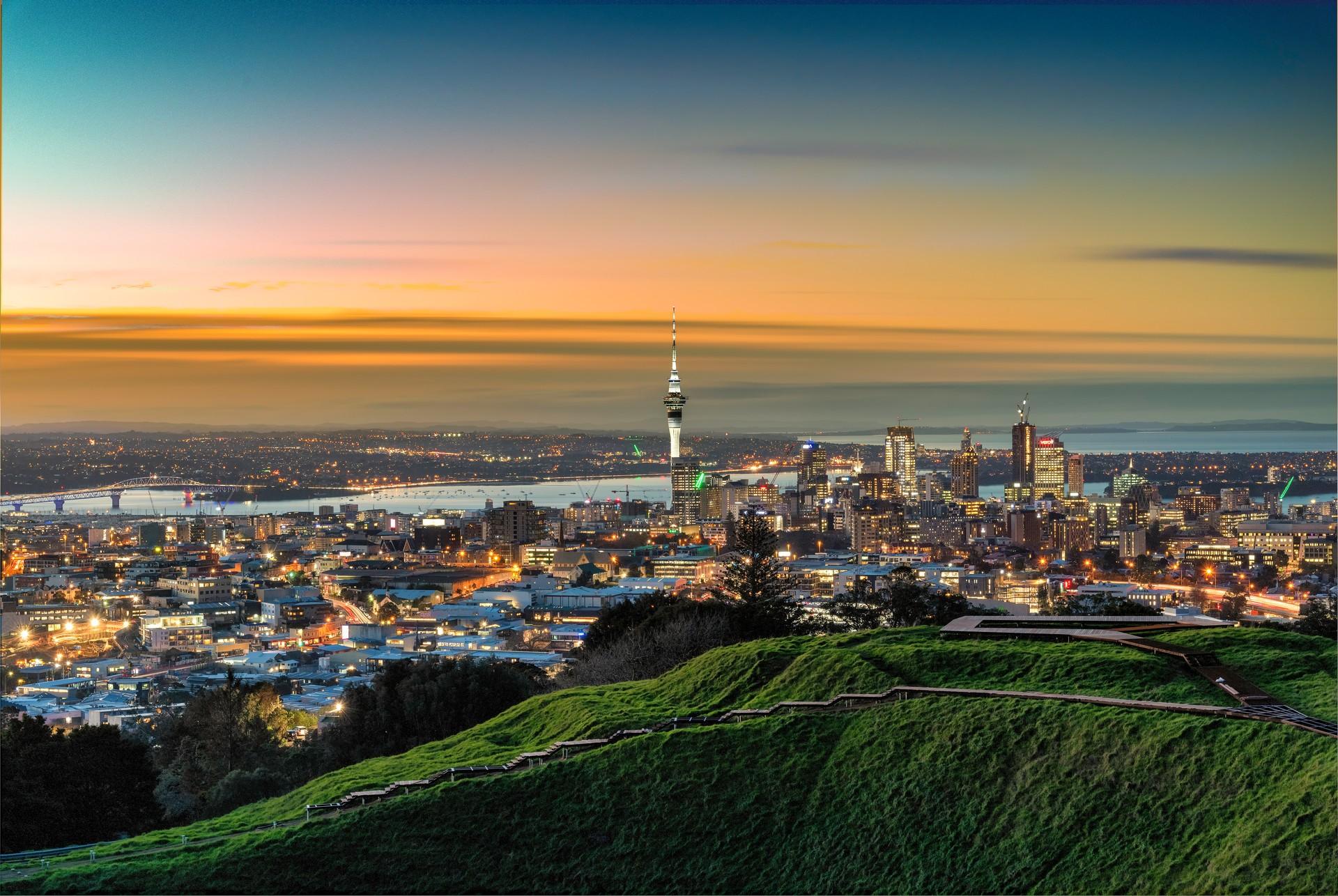 Aerial view of countryside in Auckland at dawn