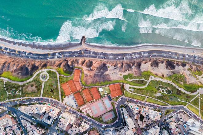 Aerial view of the city of Lima, coast and sea, Peru