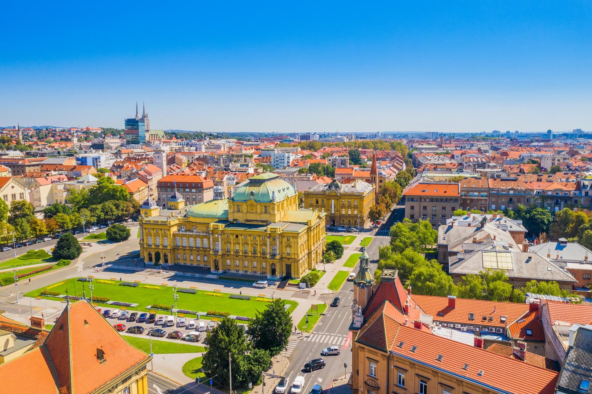 Aerial view of architecture in Zagreb with nice weather and blue sky