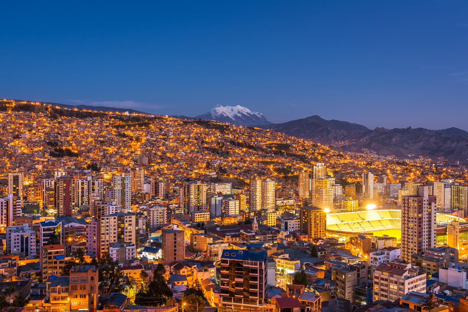 Aerial view of mountain range in La Paz at sunset time