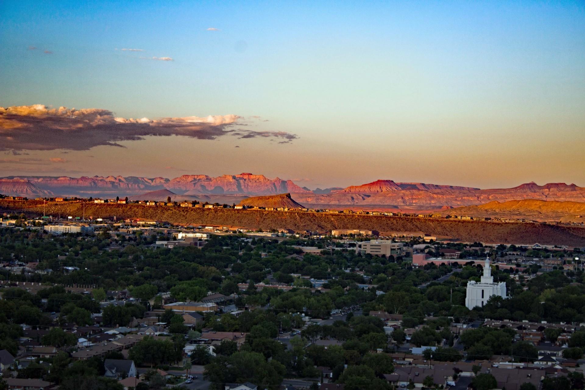 Aerial view of mountain range in St. George at sunset time