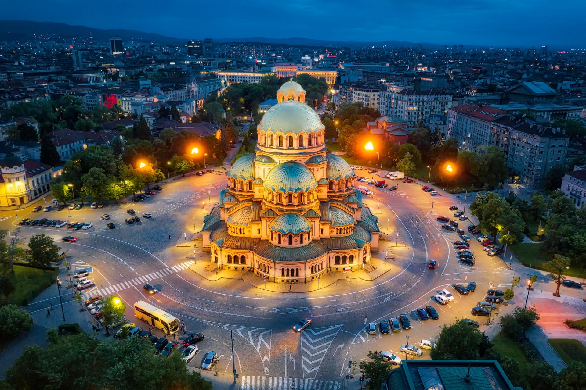 Aerial view of architecture in Sofia in the night