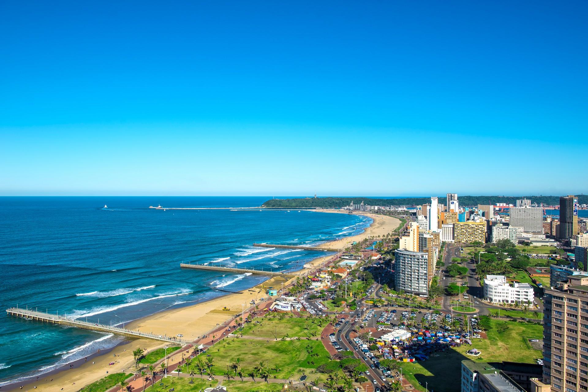 Aerial view of beach in Durban on a clear sky day
