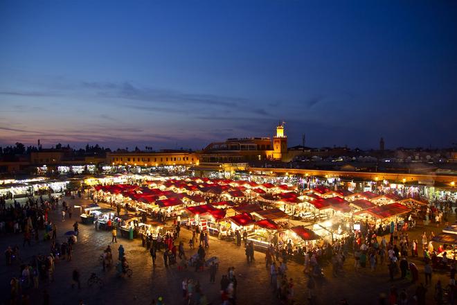 Marrakech, Jamaa al-Fna: illuminated square at night.