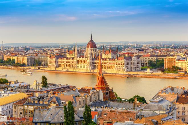 Hungarian Parliament Building in Budapest on the Danube embankment, view from Buda Castle.