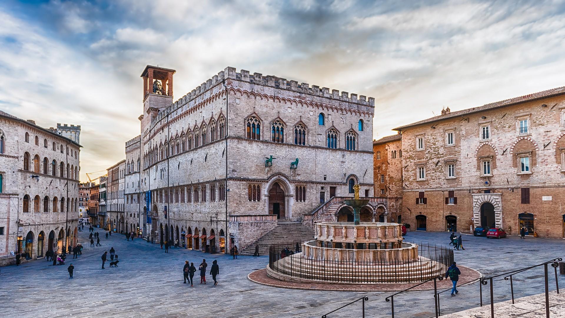 City square in Perugia on a day with cloudy weather