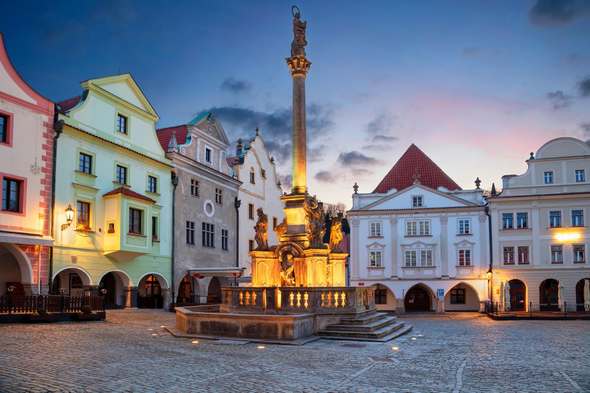 City square in Český Krumlov at sunset time